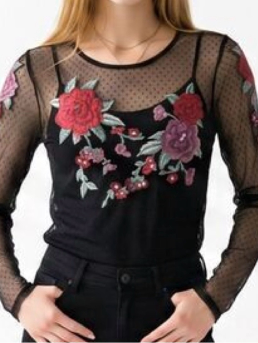 American Eagle , Black Mesh Floral Embroidered Long-Sleeve Top